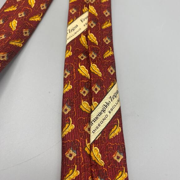 Ermenegildo Zegna Red‎ Gold Leaves Tie 100% Silk Necktie Made in Italy - Picture 4 of 9